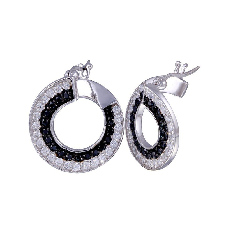Closeout-Silver 925 Black and Silver Rhodium Plated Twirl Round Ramp CZ Hoop Earrings - STE00558 | Silver Palace Inc.