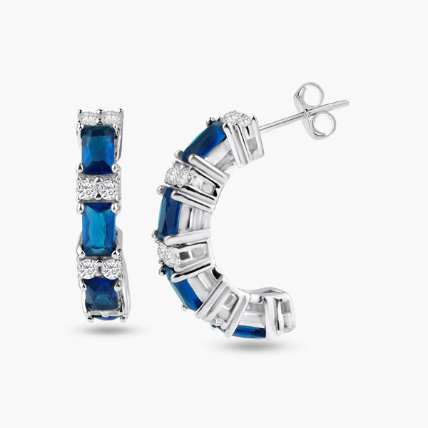 Silver 925 Rhodium Plated Crescent Blue Baguette CZ huggie hoop Earrings - STE00612 | Silver Palace Inc.