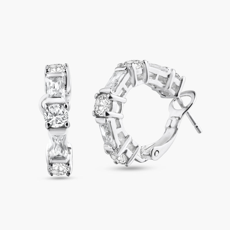 Silver 925 Rhodium Plated Clear Baguette CZ Hoop Earrings - STE00615 | Silver Palace Inc.