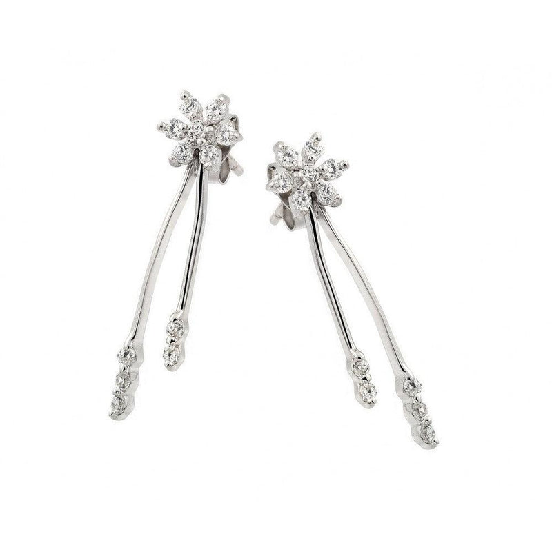Silver 925 Rhodium Plated Flower CZ Long Strand Earrings - STE00656 | Silver Palace Inc.