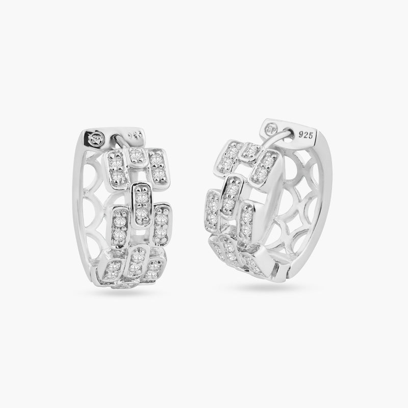 Silver 925 Rhodium Plated Baguette Alternated Clear CZ Hoop Earrings - STE00686 | Silver Palace Inc.