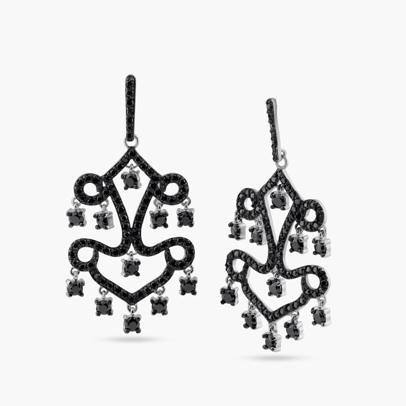 Closeout-Silver 925 Oxidized Rhodium Plated Round Black CZ Dangling Chandelier Stud Earrings - STE00713 | Silver Palace Inc.