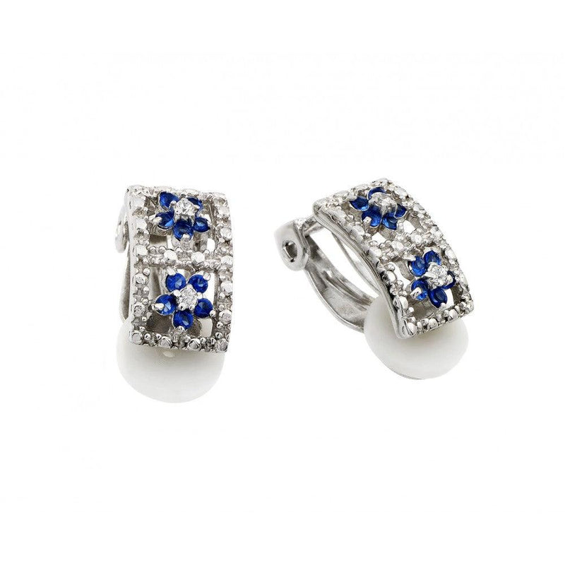 Silver 925 Rhodium Plated Flower Round Blue and Clear CZ Hoop Earrings - STE00741 | Silver Palace Inc.