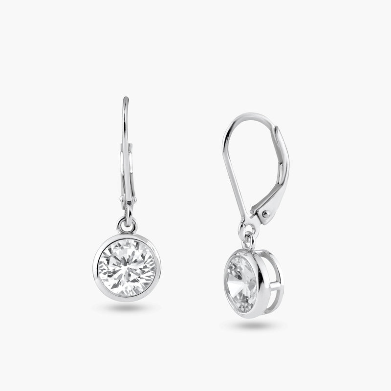 Silver 925 Rhodium Plated Round Clear CZ Dangling Hook Earrings - STE00877 | Silver Palace Inc.