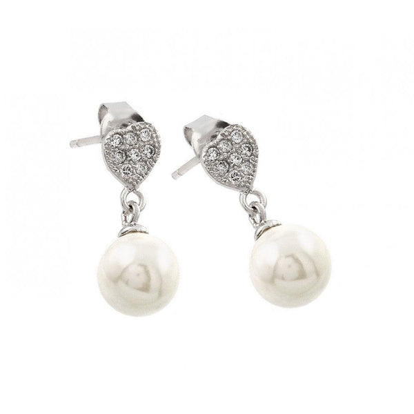Silver 925 Rhodium Plated Clear Heart CZ Synthetic Pearl Dangling Stud Earrings - STE00903 | Silver Palace Inc.