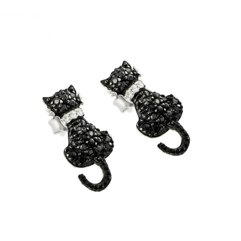 Silver Black and Silver Rhodium Plated Cat Black and Clear CZ Dangling Stud Earrings - STE00904 | Silver Palace Inc.