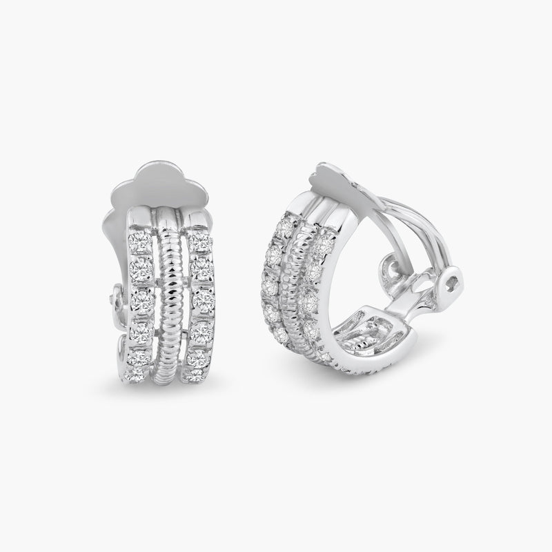 Silver 925 Rhodium Plated Clear Crescent CZ Hoop Earrings - STE00935 | Silver Palace Inc.