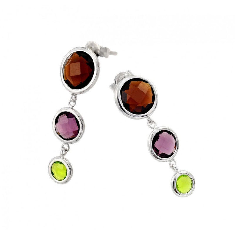 Silver 925 Rhodium Plated Graduated Multicolor Round CZ Wire Dangling Earrings - STE00938 | Silver Palace Inc.
