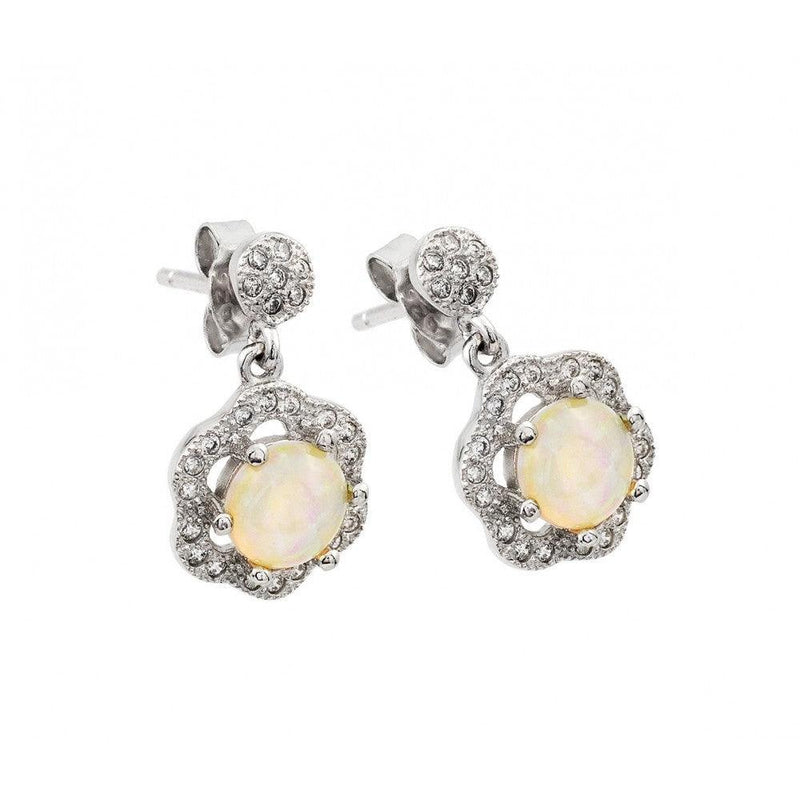 Silver 925 Rhodium Plated Round Flower CZ Pearl Dangling Stud Earrings - STE00942 | Silver Palace Inc.