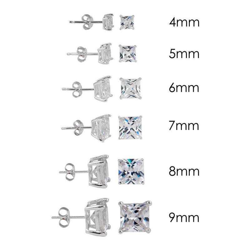 Rhodium Plated 925 Sterling Silver Square Basket Clear CZ Stud Earrings - STE00950CLR | Silver Palace Inc.