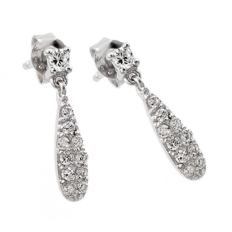 Silver 925 Rhodium Plated Round Clear CZ Teardrop Dangling Stud Earrings - STE00957 | Silver Palace Inc.
