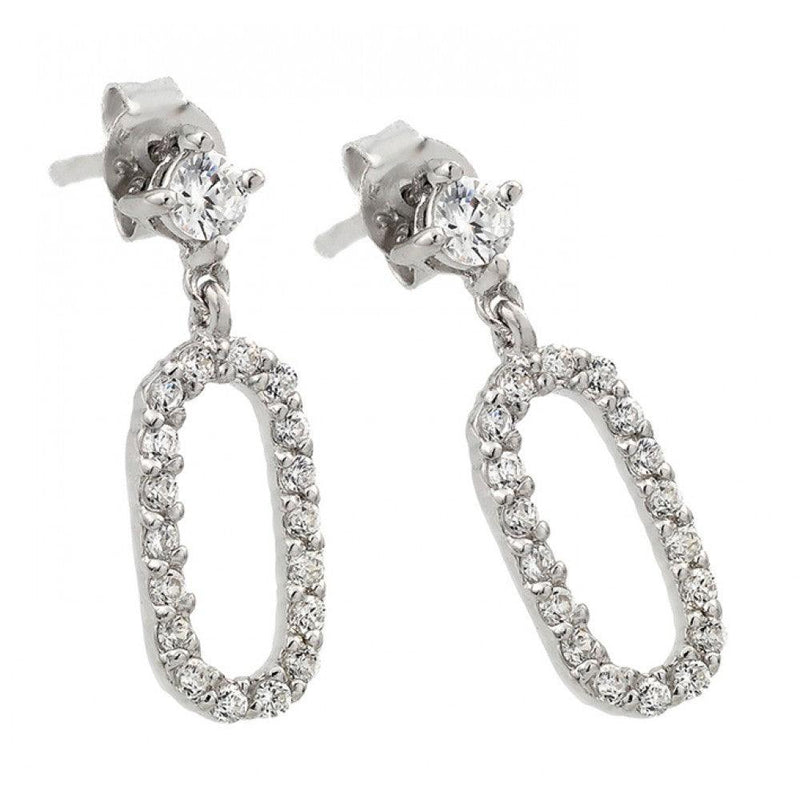 Silver 925 Rhodium Plated Round Oval Clear CZ Dangling Stud Earrings - STE00959 | Silver Palace Inc.
