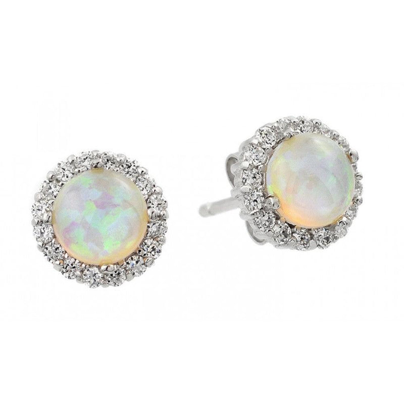 Silver 925 Rhodium Plated Round Opal CZ Stud Earrings - STE00963 | Silver Palace Inc.