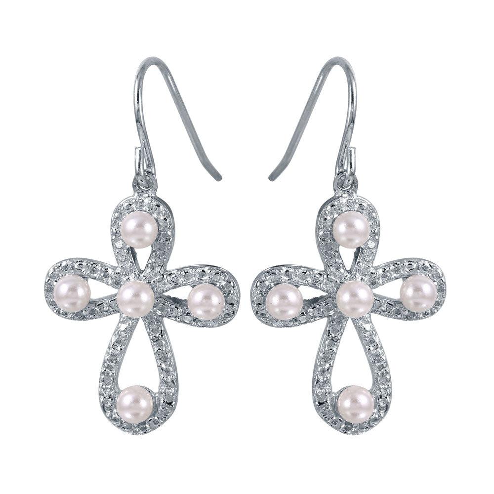 Silver 925 Rhodium Plated Rounded Textured Cross Earrings with Synthetic Pearls - STE00969 | Silver Palace Inc.