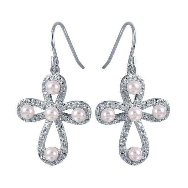 Silver 925 Rhodium Plated Rounded Textured Cross Earrings with Synthetic Pearls - STE00969 | Silver Palace Inc.