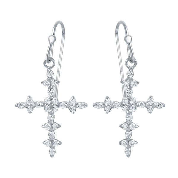 Silver 925 Rhodium Plated Small Floral Cross Earrings with CZ Accents - STE00971 | Silver Palace Inc.