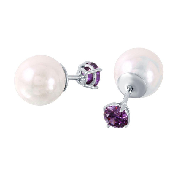 Rhodium Plated 925 Sterling Silver Faux Pearl Purple CZ Front and Back Earrings - STE00984FEB | Silver Palace Inc.