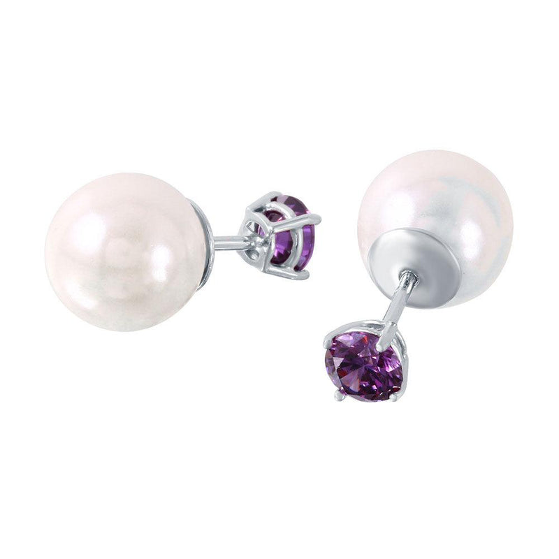 Rhodium Plated 925 Sterling Silver Faux Pearl Purple CZ Front and Back Earrings - STE00984FEB | Silver Palace Inc.