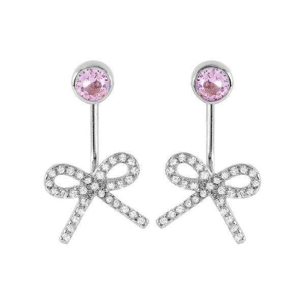 Silver 925 Rhodium Plated Bowtie Pink CZ Earrings - STE00985 | Silver Palace Inc.
