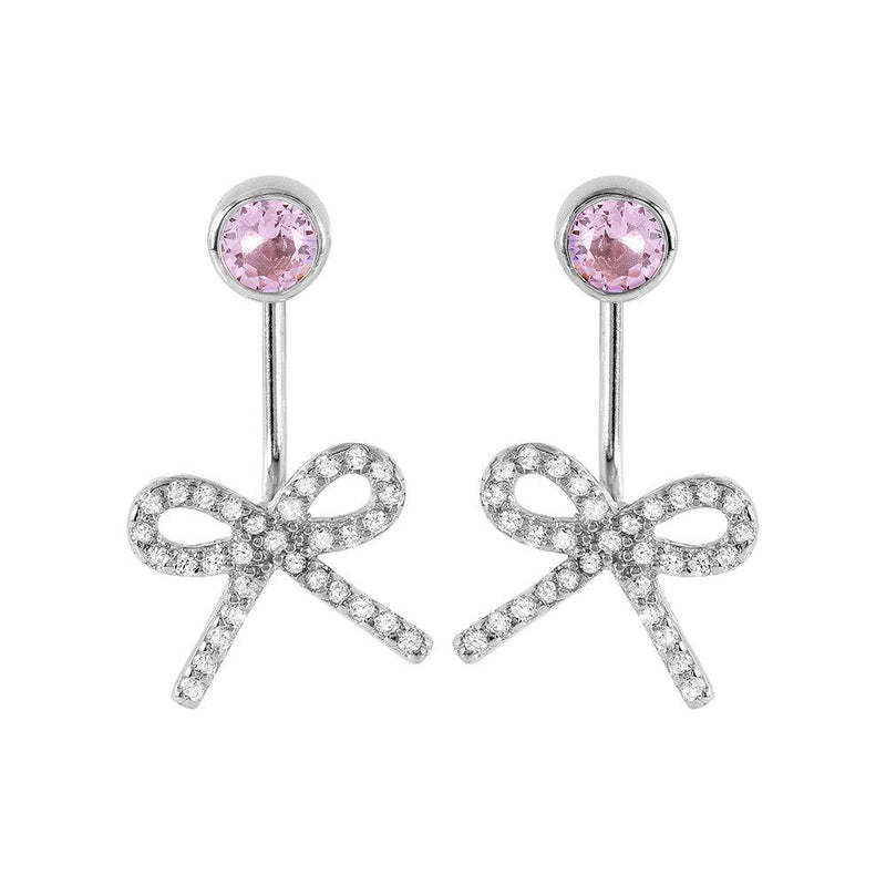 Silver 925 Rhodium Plated Bowtie Pink CZ Earrings - STE00985 | Silver Palace Inc.