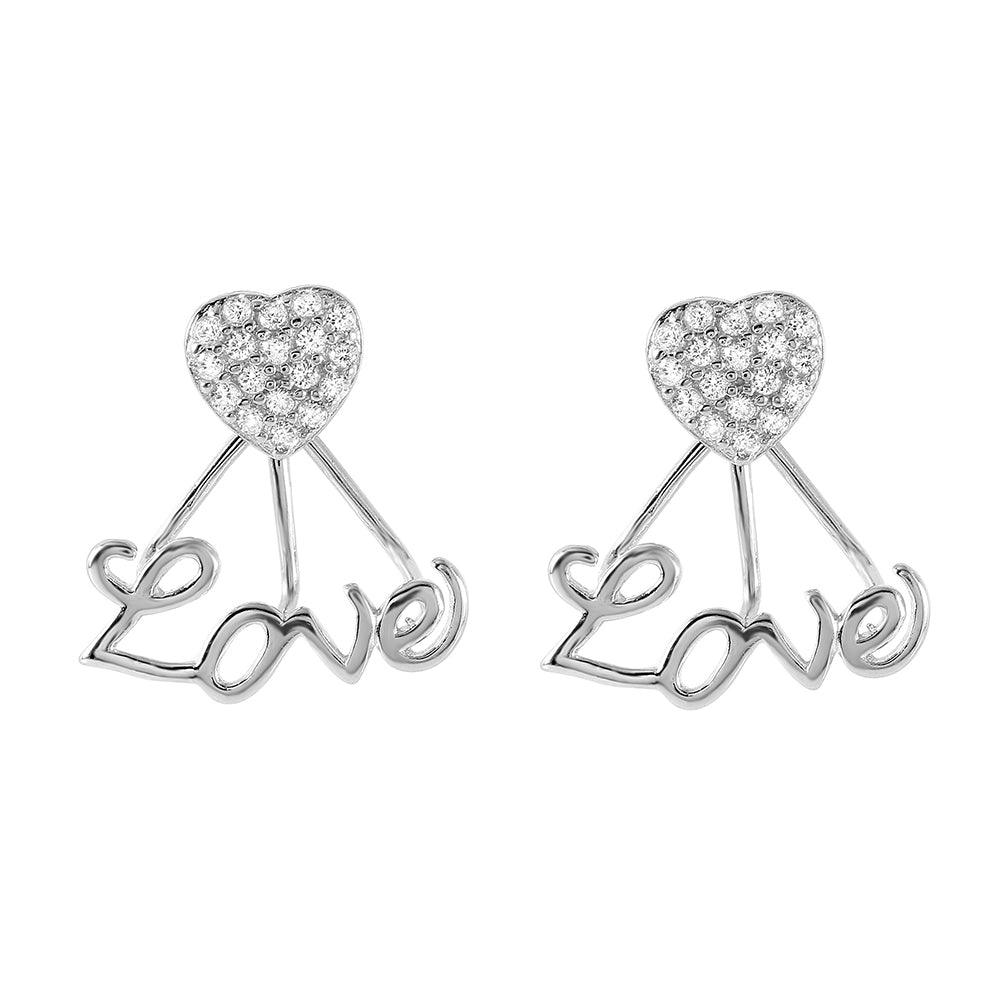 Silver 925 Rhodium Plated Love Heart CZ Rake Earrings - STE00986 | Silver Palace Inc.