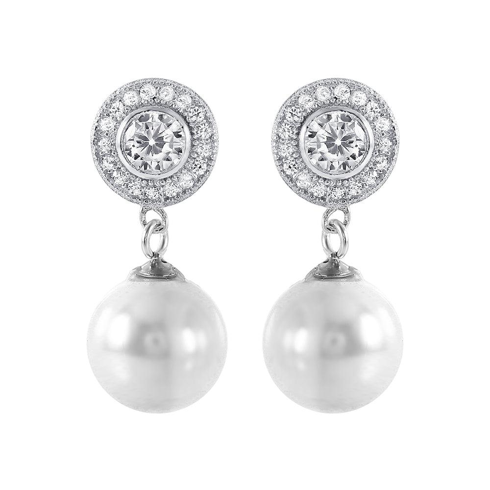 Silver 925 Rhodium Plated Pearl CZ Cluster Earrings - STE00988 | Silver Palace Inc.