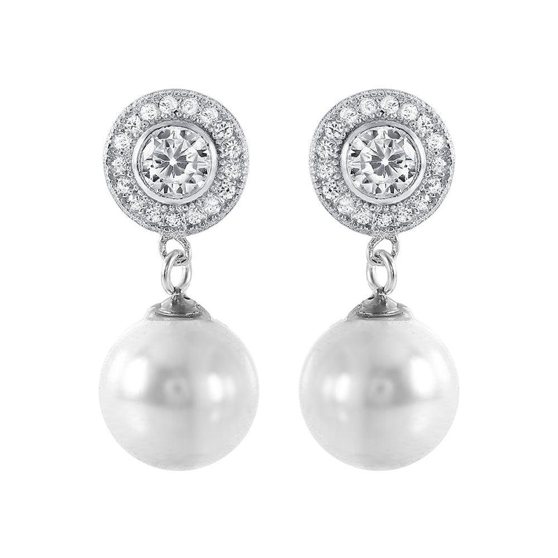 Silver 925 Rhodium Plated Pearl CZ Cluster Earrings - STE00988 | Silver Palace Inc.