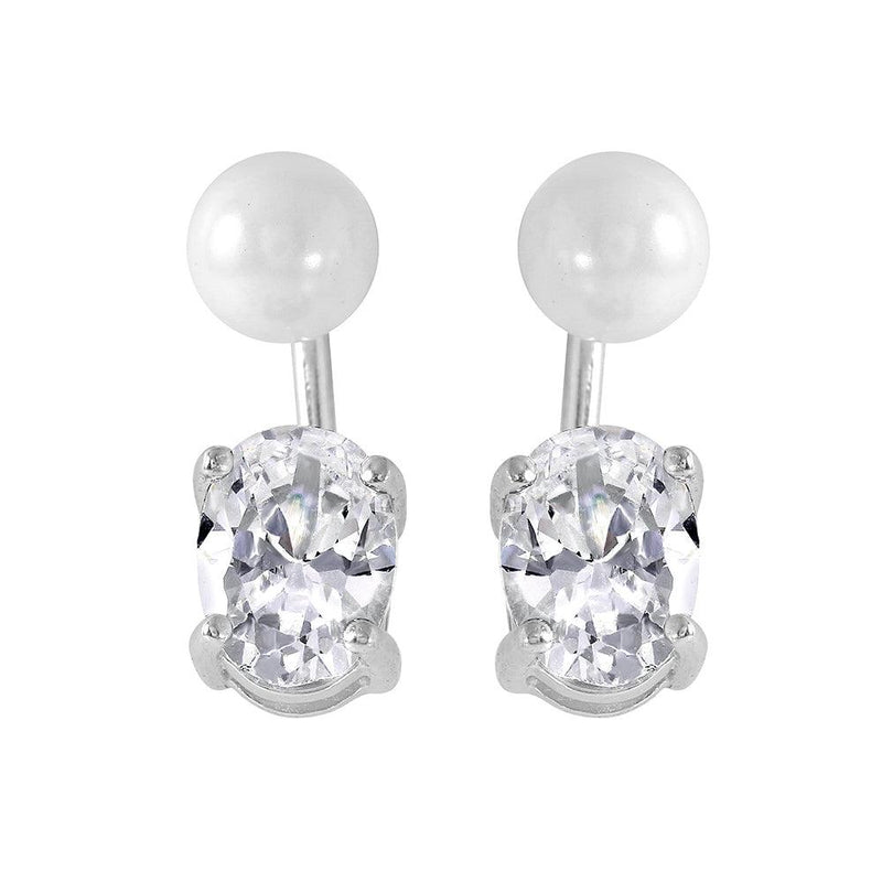 Silver 925 Rhodium Plated Synthetic Pearl Oval CZ Earrings - STE00991 | Silver Palace Inc.