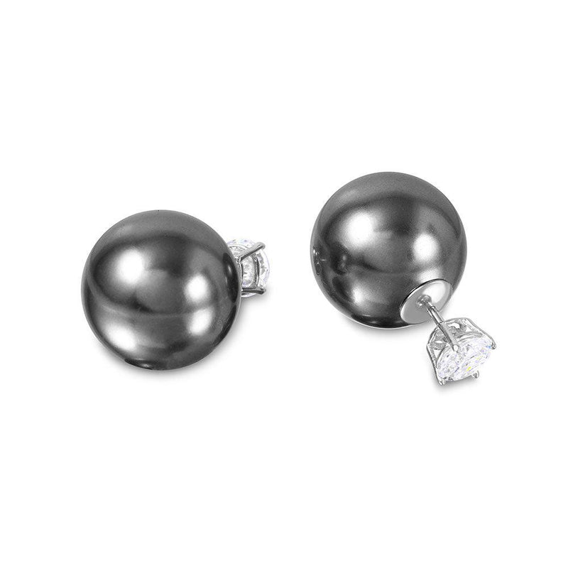 Silver 925 Rhodium Plated CZ Grey Synthetic Pearls Front and Back Earring - STE00994GRY | Silver Palace Inc.