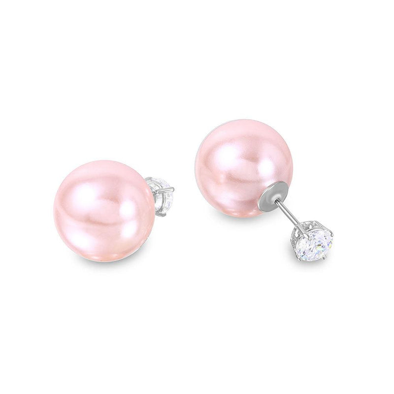 Silver 925 Rhodium Plated CZ Pink Synthetic Pearls Front and Back  - STE00994PNK | Silver Palace Inc.