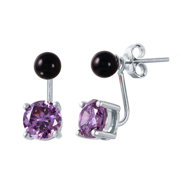 Silver 925 Birthstone Black Synthetic Pearl Purple CZ Front and Back  Earrings - STE00999FEB | Silver Palace Inc.