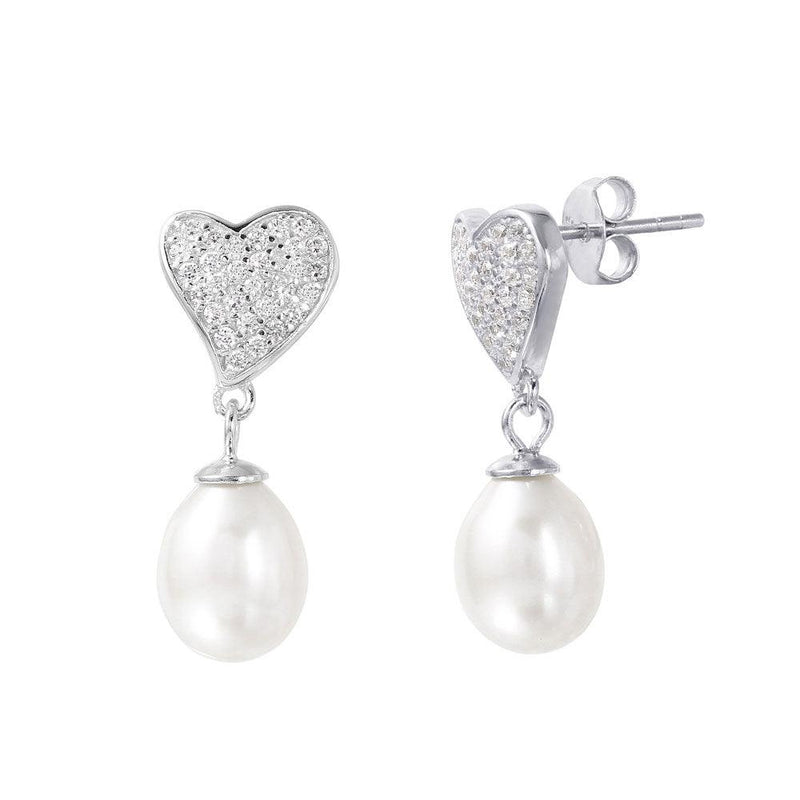 Silver 925 Rhodium Plated Heart Synthetic Pearl Pave CZ Dangling Stud Earrings - STE01003 | Silver Palace Inc.