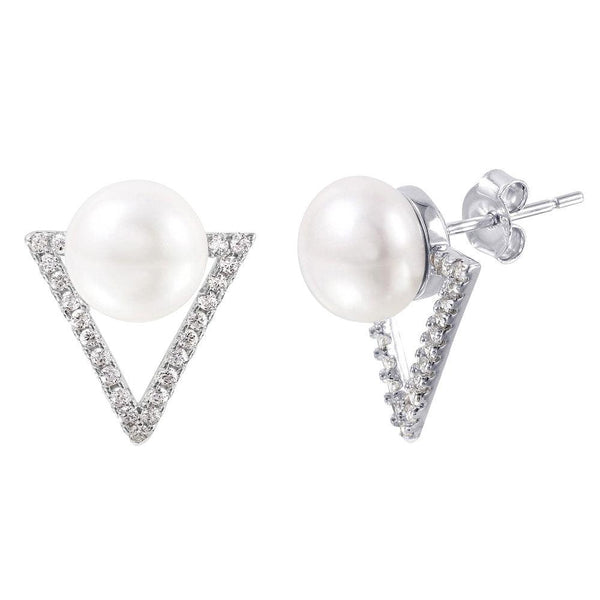 Silver 925 Rhodium Plated Open Triangle Fresh Water Pearl CZ Stud Earrings - STE01006 | Silver Palace Inc.