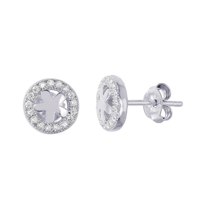 Silver 925 Rhodium Plated Flower Halo CZ Earrings - STE01018 | Silver Palace Inc.