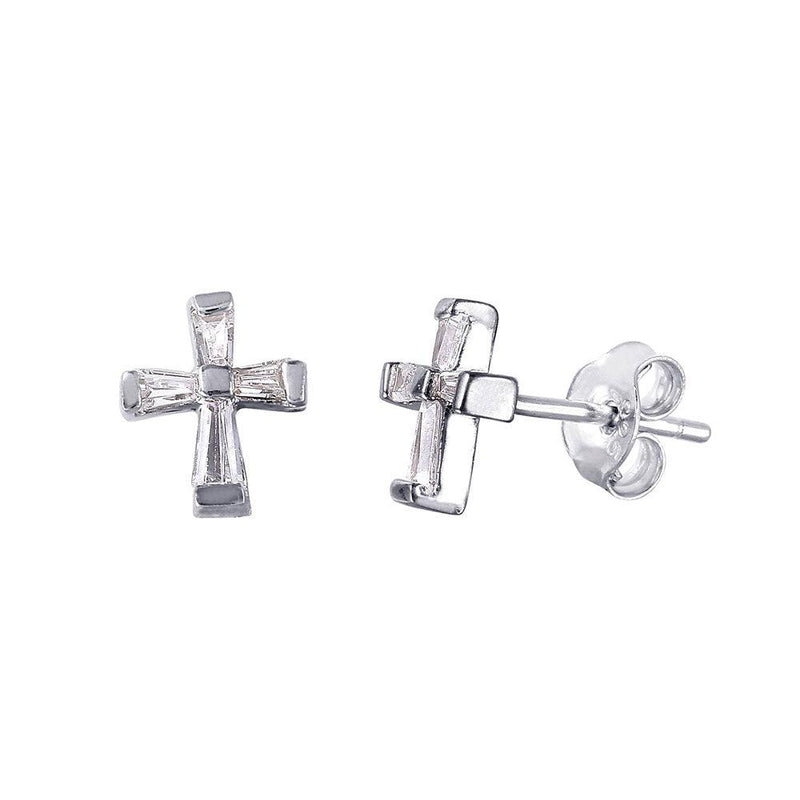 Silver 925 Rhodium Plated Baguette CZ Cross Earrings - STE01025 | Silver Palace Inc.