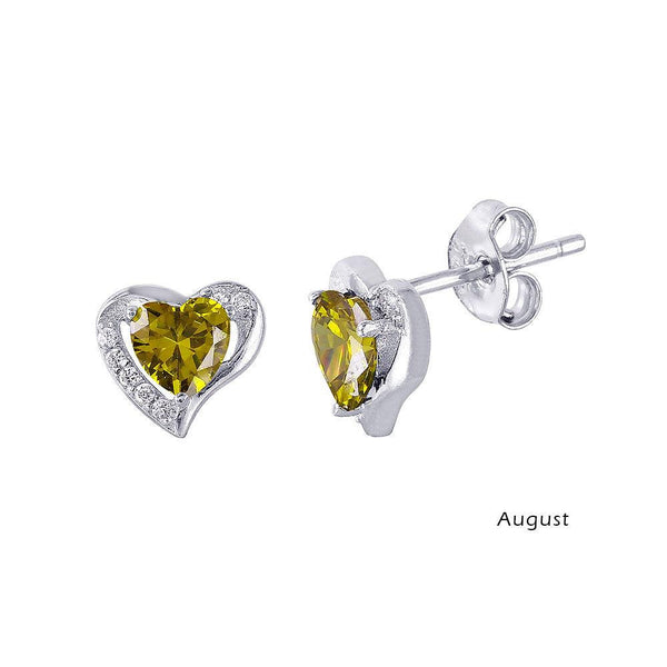 Silver 925 Rhodium Plated Heart with Birthstone Center Stud Earrings August - STE01028-AUG | Silver Palace Inc.