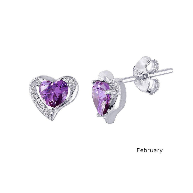 Silver 925 Rhodium Plated Heart with Birthstone Center Stud Earrings February - STE01028-FEB | Silver Palace Inc.