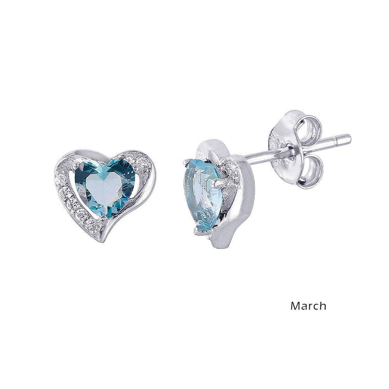 Silver 925 Rhodium Plated Heart with Birthstone Center Stud Earrings March - STE01028-MAR | Silver Palace Inc.
