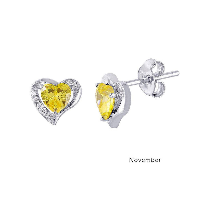 Silver 925 Rhodium Plated Heart with Birthstone Center Stud Earrings November - STE01028-NOV | Silver Palace Inc.