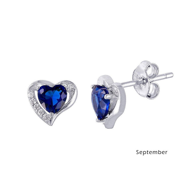 Silver 952 Rhodium Plated Heart with Birthstone Center Stud Earrings September - STE01028-SEP | Silver Palace Inc.