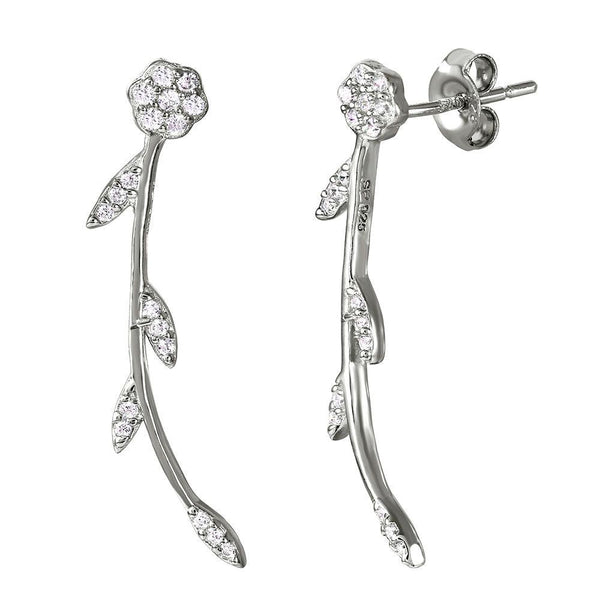 Silver 925 Rhodium Plated Long Stem Flower Earrings with CZ - STE01032 | Silver Palace Inc.