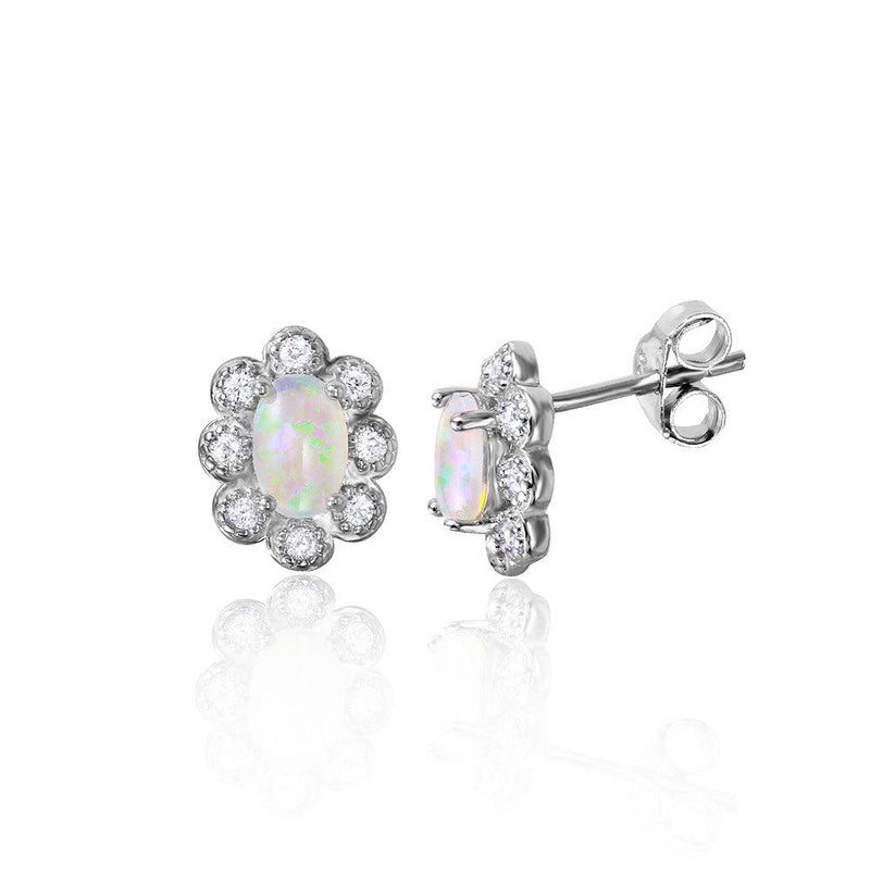 Silver 925 Rhodium Plated Flower Stud with CZ and Synthetic Opal - STE01038 | Silver Palace Inc.