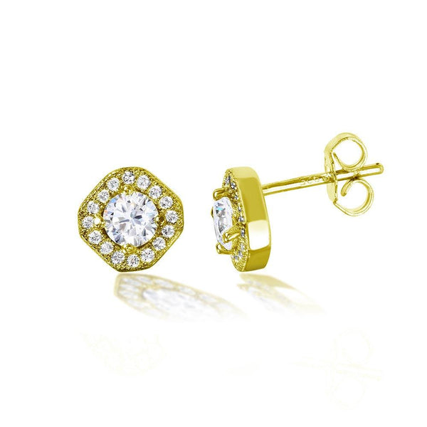 Silver 925 Gold Plated Round Halo Earrings - STE01040GP | Silver Palace Inc.