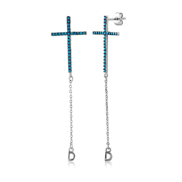 Silver 925 Rhodium Cross Earrings Encrusted with Synthetic Turquoise - STE01046 | Silver Palace Inc.
