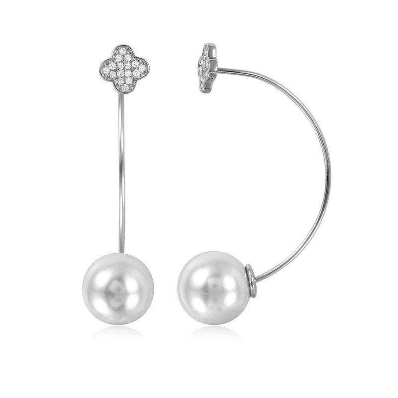 Sterling Silver Rhodium Plated Clover Earring with Hanging Synthetic Pearl - STE01048 | Silver Palace Inc.