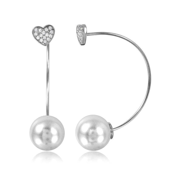 Silver 925 Rhodium Plated Heart Earring with Hangings Synthetic Pearl - STE01049 | Silver Palace Inc.