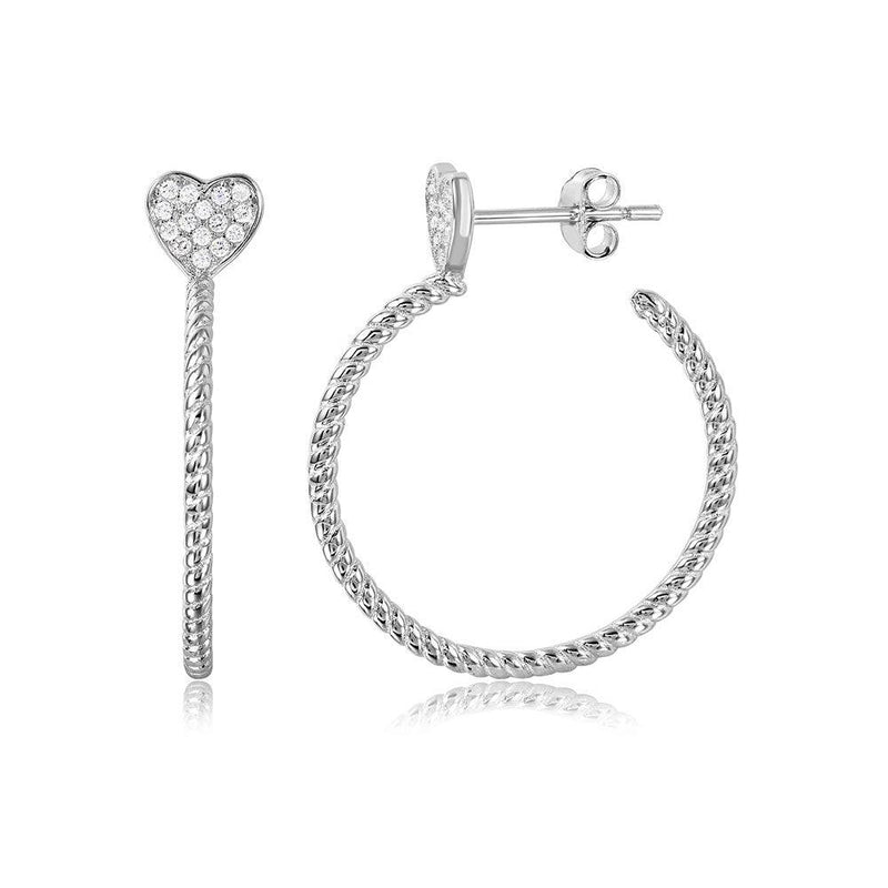 Silver 925 Rhodium Plated Rope Designed Semi Hoop Earrings on a CZ Heart - STE01057 | Silver Palace Inc.