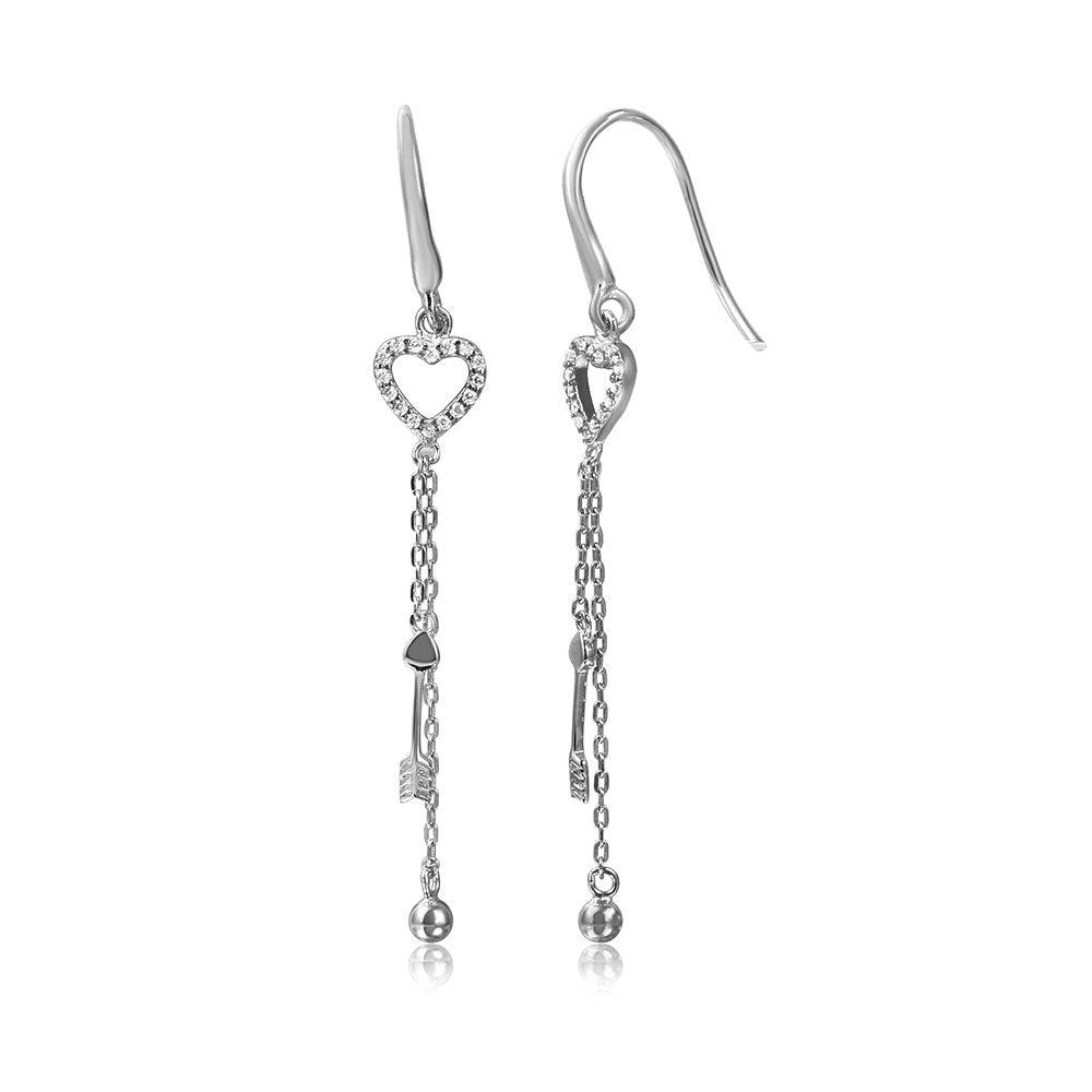 Silver 925 Rhodium Plated Fish Hanging Heart with Strands Dangling Earrings - STE01061 | Silver Palace Inc.