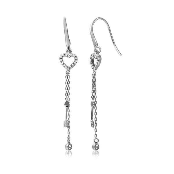 Silver 925 Rhodium Plated Fish Hanging Heart with Strands Dangling Earrings - STE01061 | Silver Palace Inc.