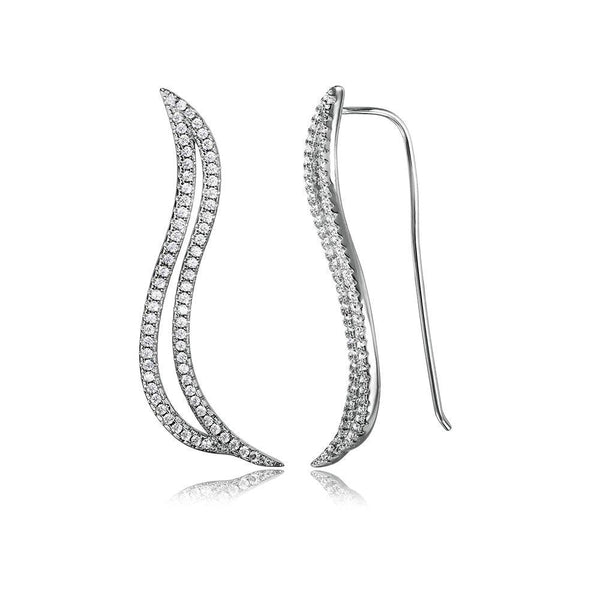 Silver 925 Rhodium Plated Open Wave CZ Climbing Earrings - STE01064 | Silver Palace Inc.